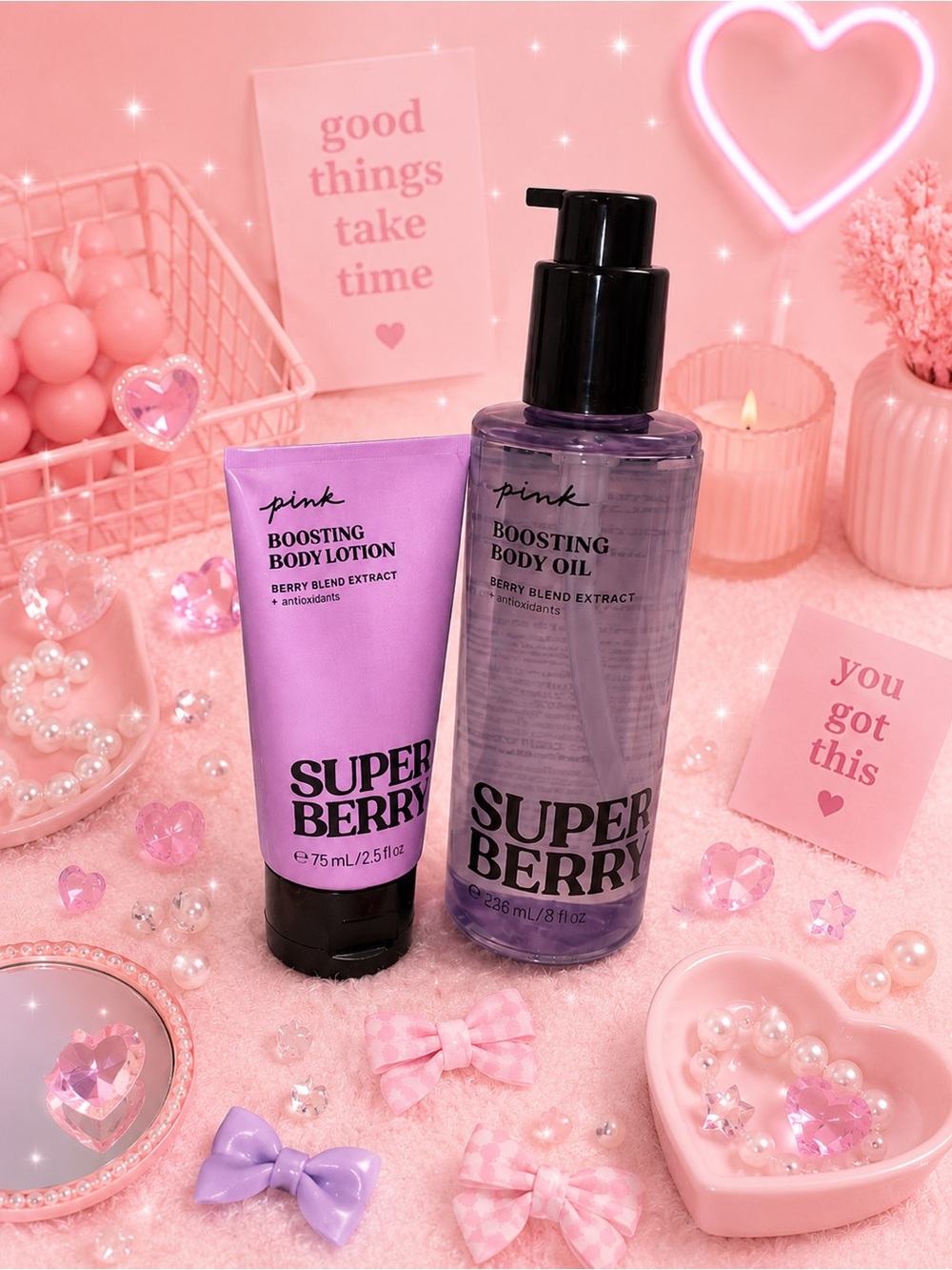 PINK Victoria's Secret Super Berry Boosting Body Lotion and Body Oil Set